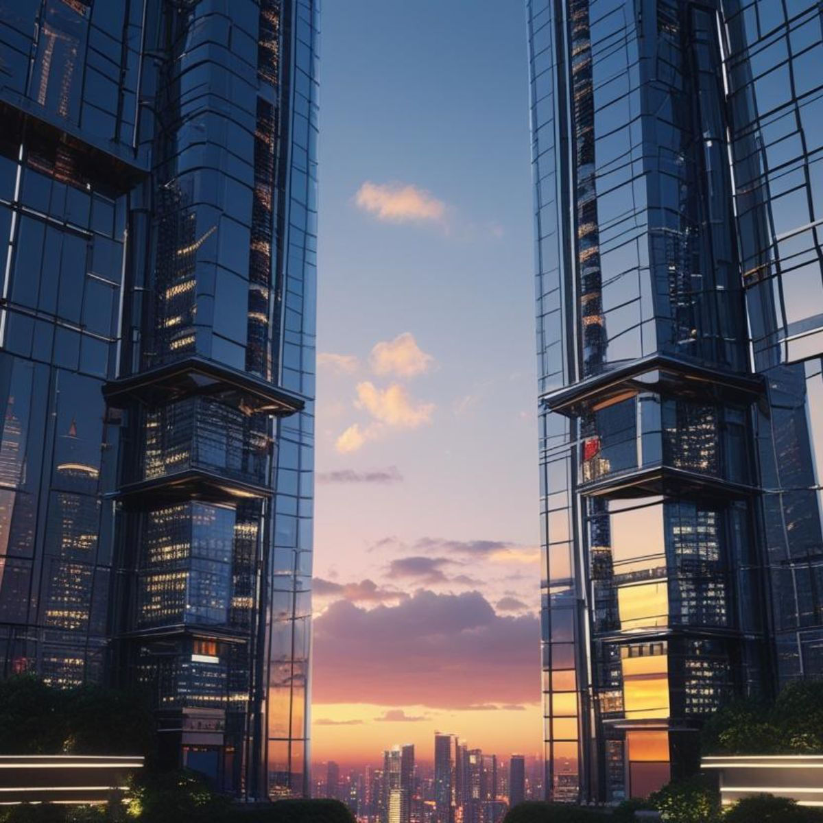 Zwei identische Hochhäuser im Sonnenuntergang
