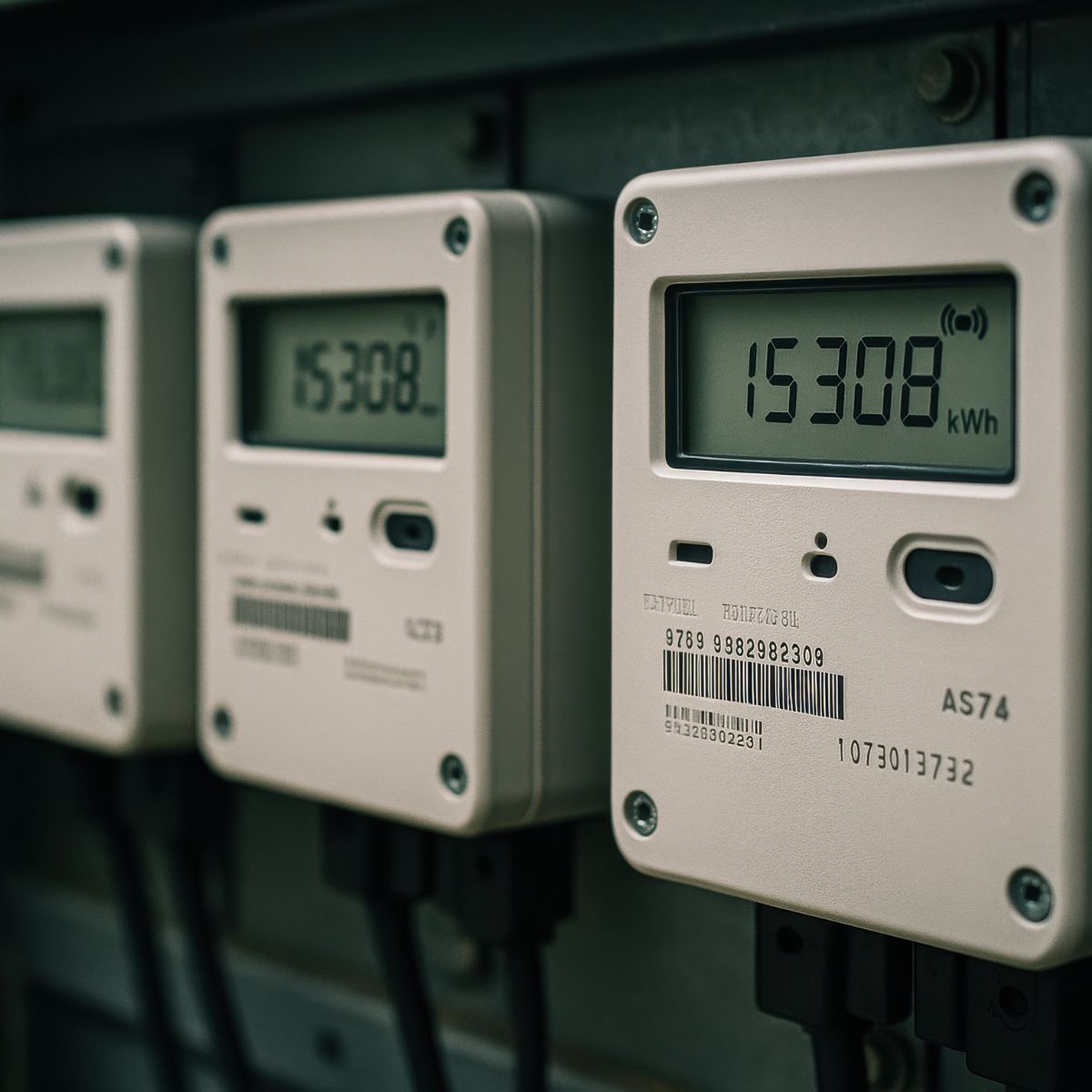 Nahaufnahme mehrerer digitaler Stromzähler in Reihe