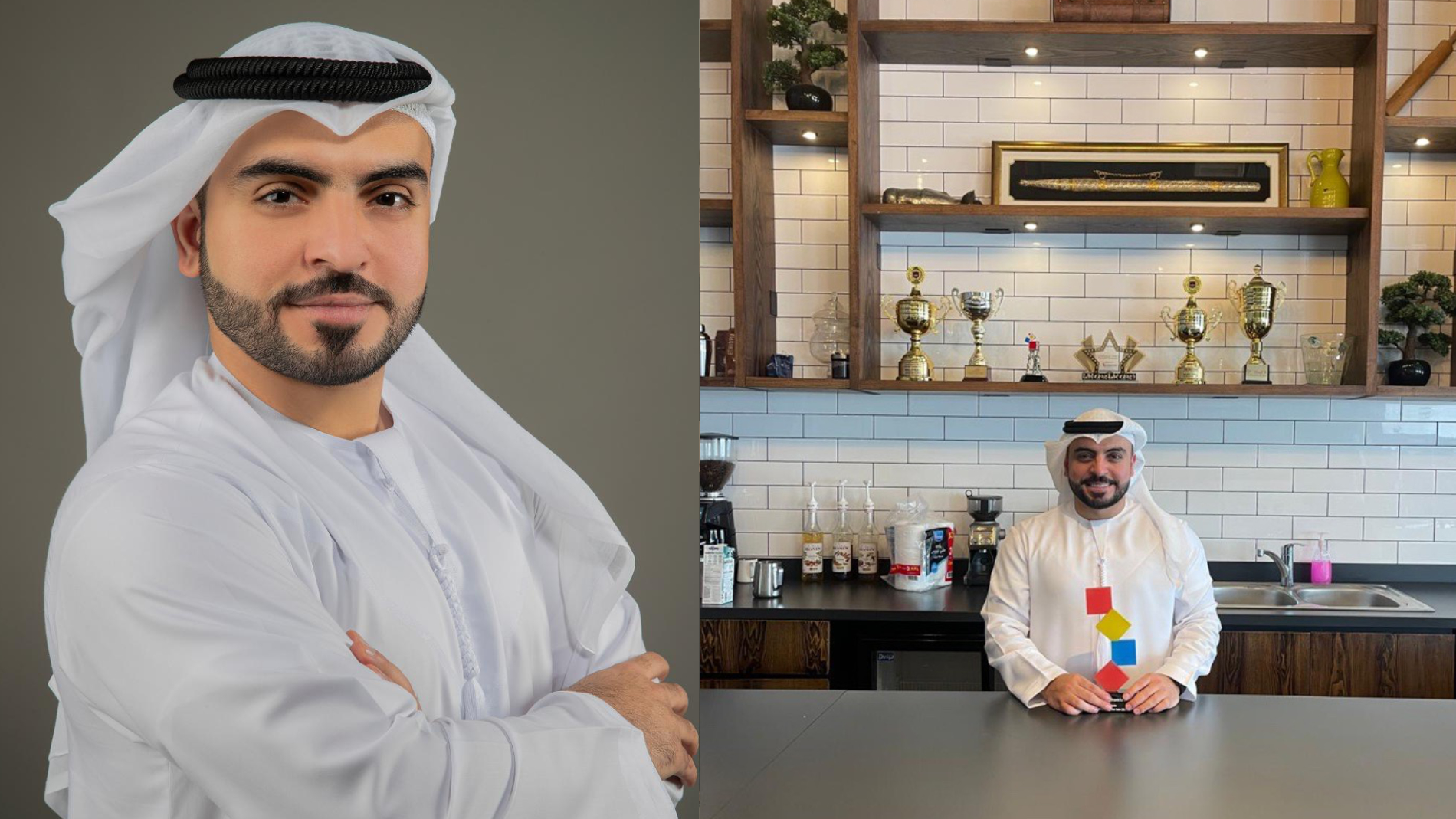 Mohammed Almansoori trägt während der Arbeit tradtionelle emiratische Kleidung: ein knöchellanges Gewand, das unter dem Namen Kandura oder Dischdascha bekannt ist. DasKlubhaus (li), das Mitarbeitenden-Café der MFME, ist ein beliebter Treffpunkt.
