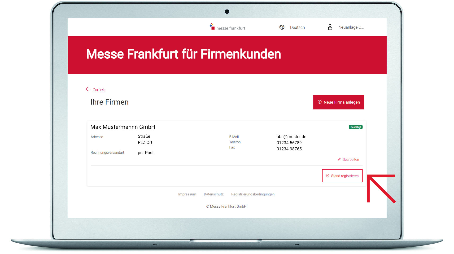 Neuen Stand registrieren