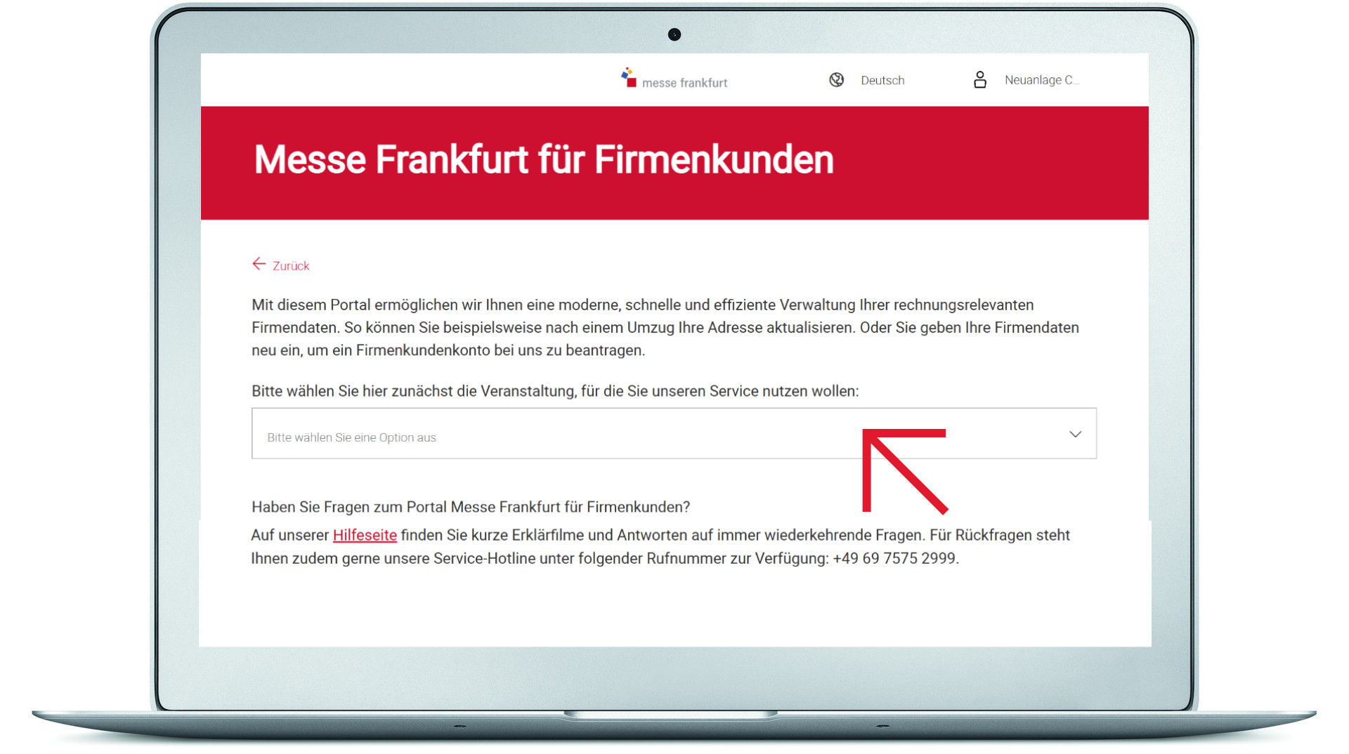 Weiterleitung zum Portal Messe Frankfurt für Firmenkunden und Auswahl der Veranstaltung
