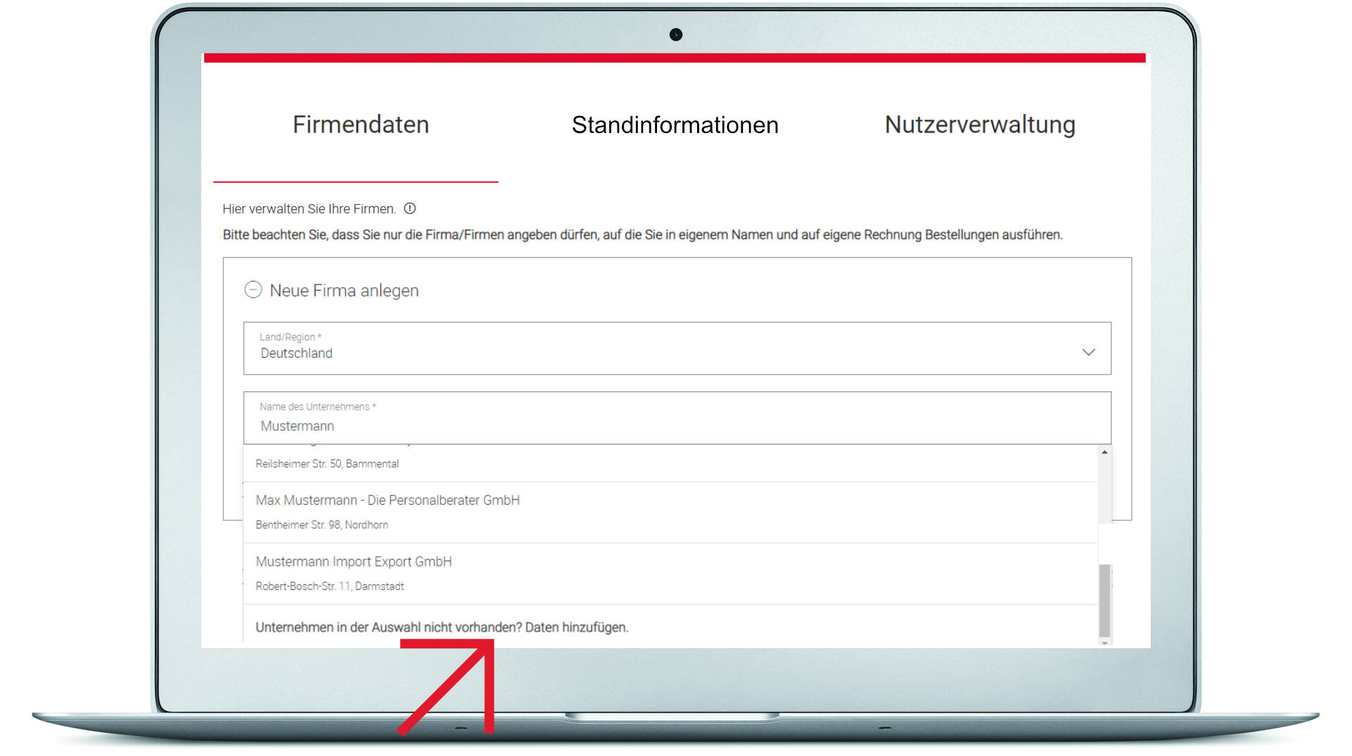 Firmendaten ergänzen beziehungsweise neu eingeben